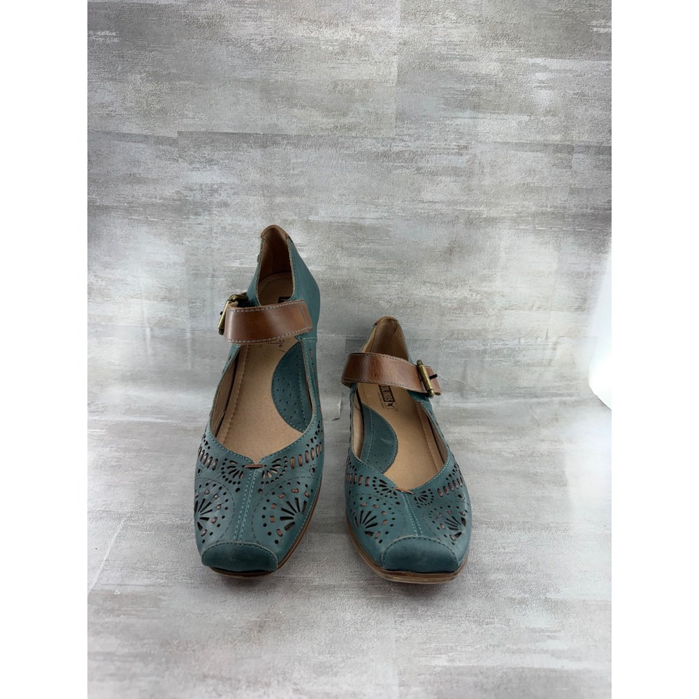 Pikolinos Women Teal Blue Leather Laser Cut Mary Jane Wedge Shoes Size EU 40
